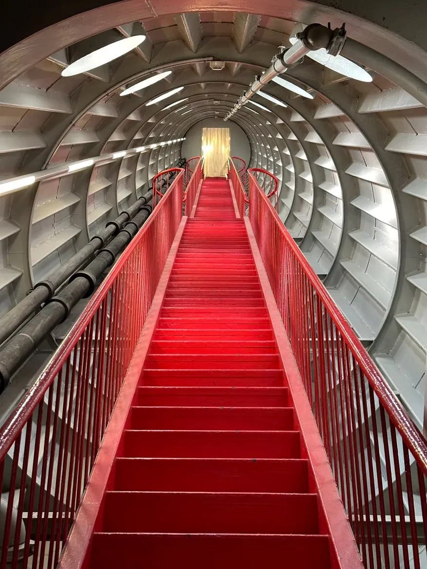 A red carpeted staircase climbing through a ribbed white tube toward a bright opening.